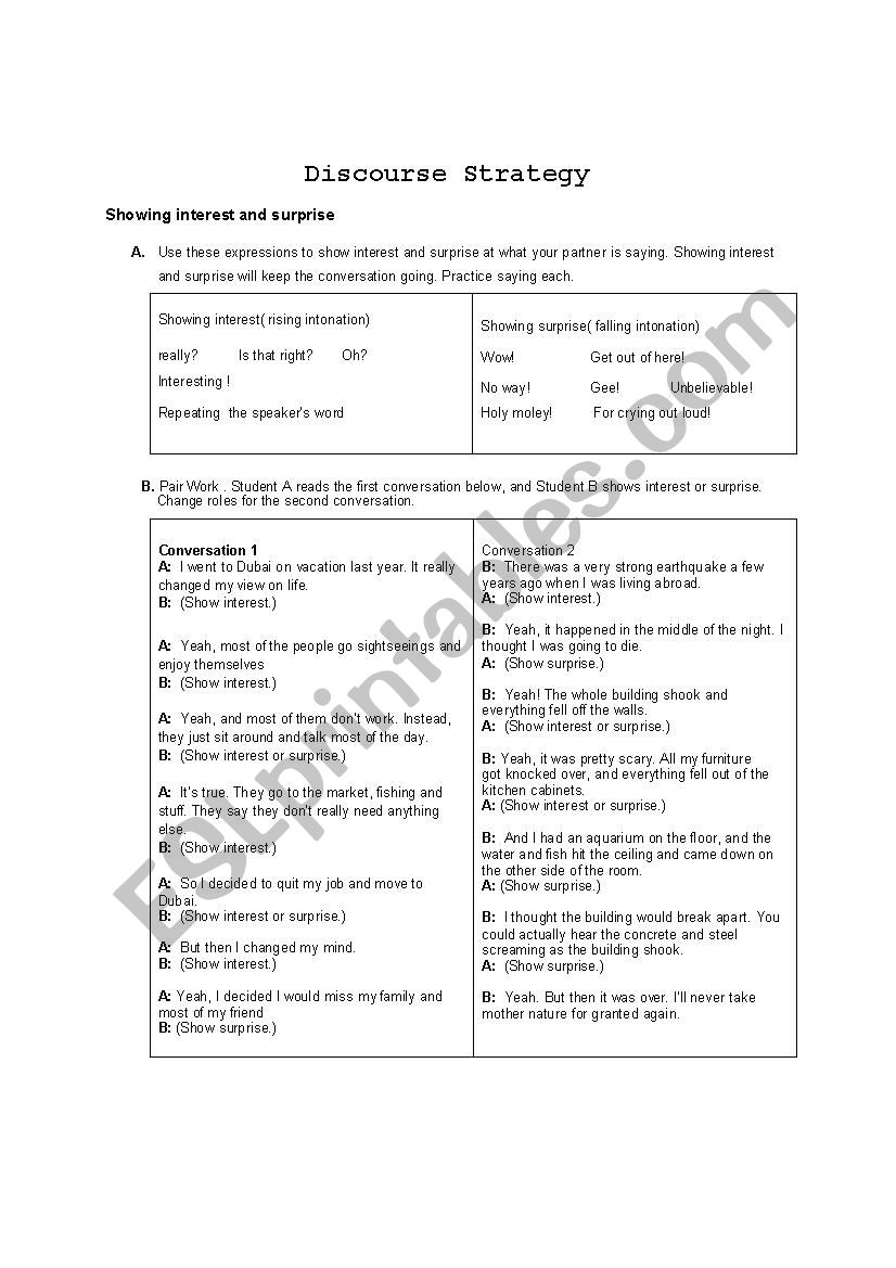 showing interest and surprise worksheet