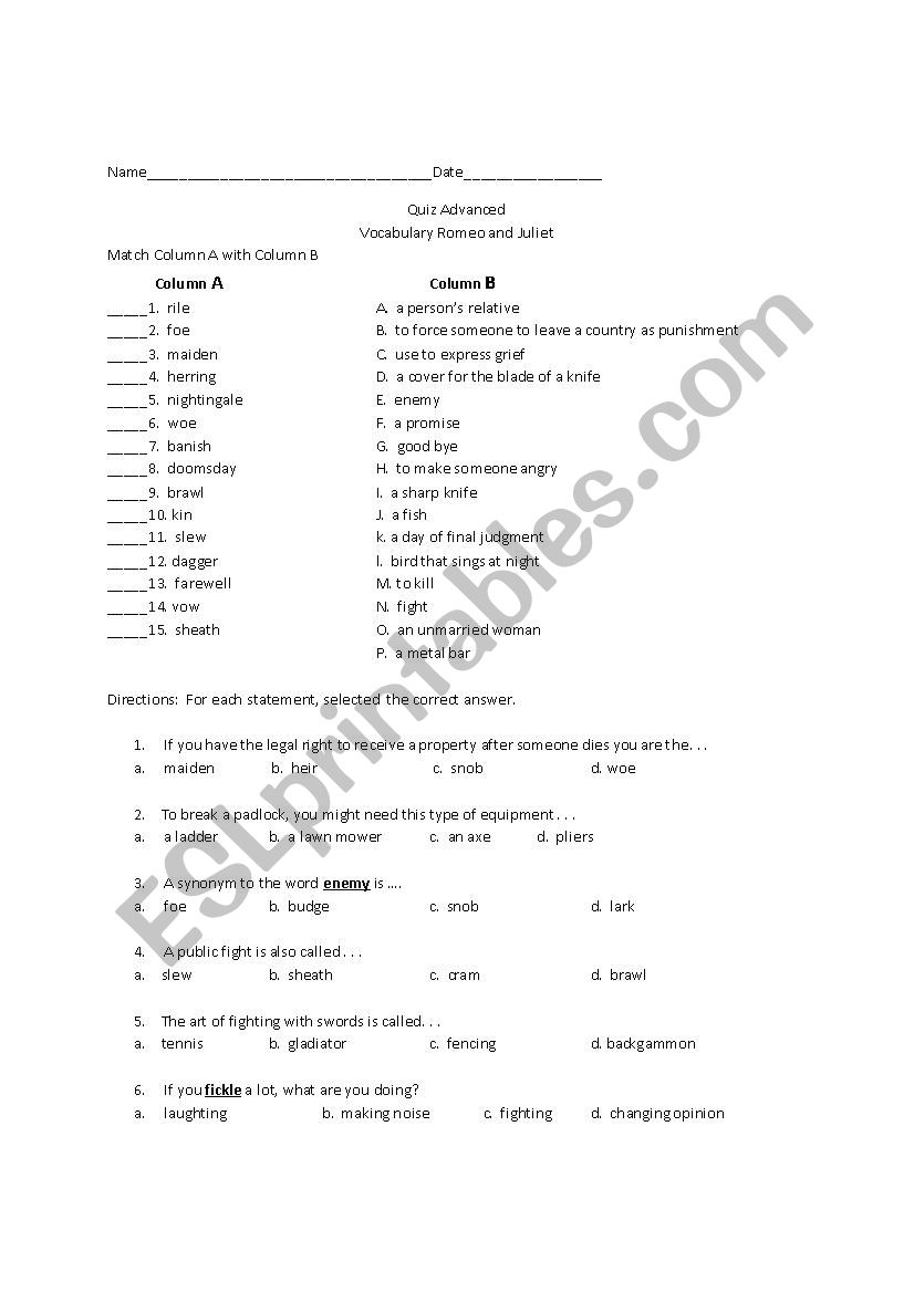 Quiz worksheet