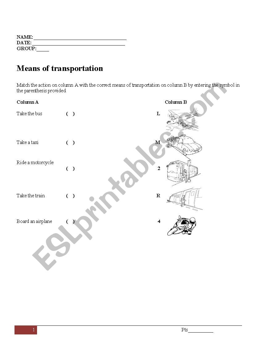 Means of transportation worksheet