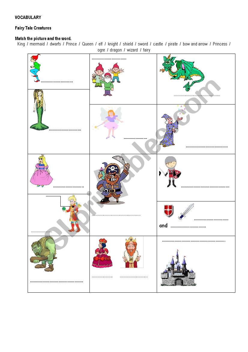 Fairy tales creatures worksheet