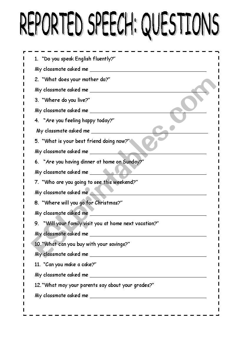 worksheet on reported speech questions