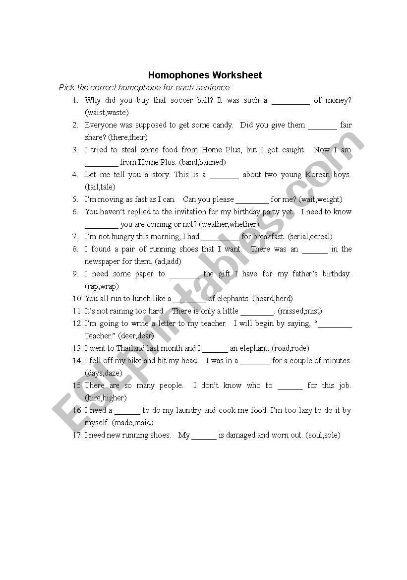 Basic Homophones worksheet