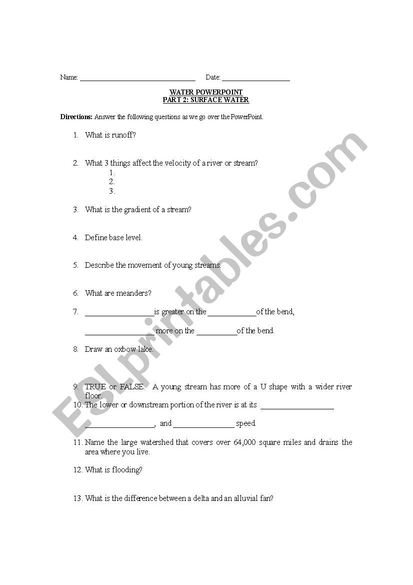 Surface water worksheet worksheet