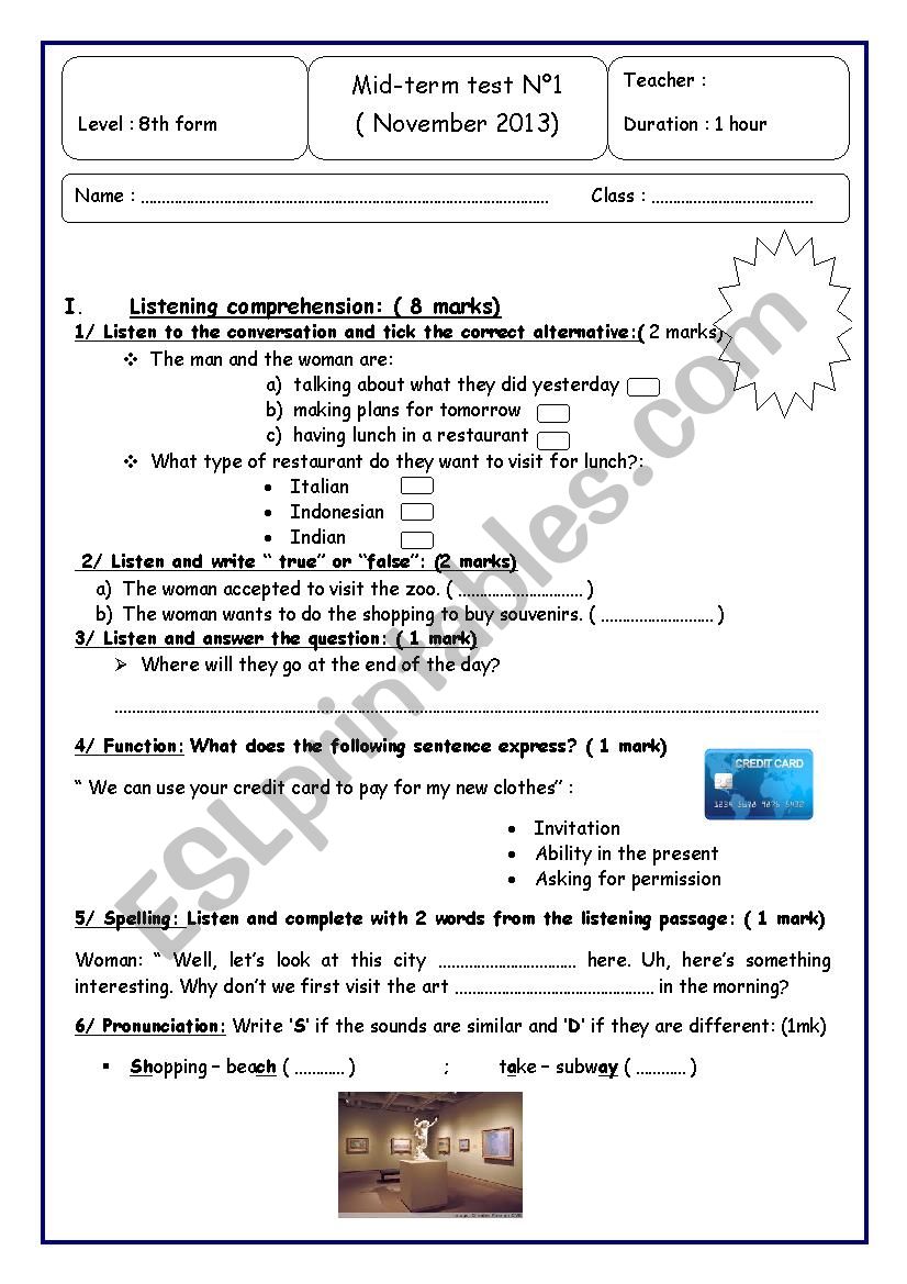 Mid term test N°1 ( 8th form) - ESL worksheet by sallem