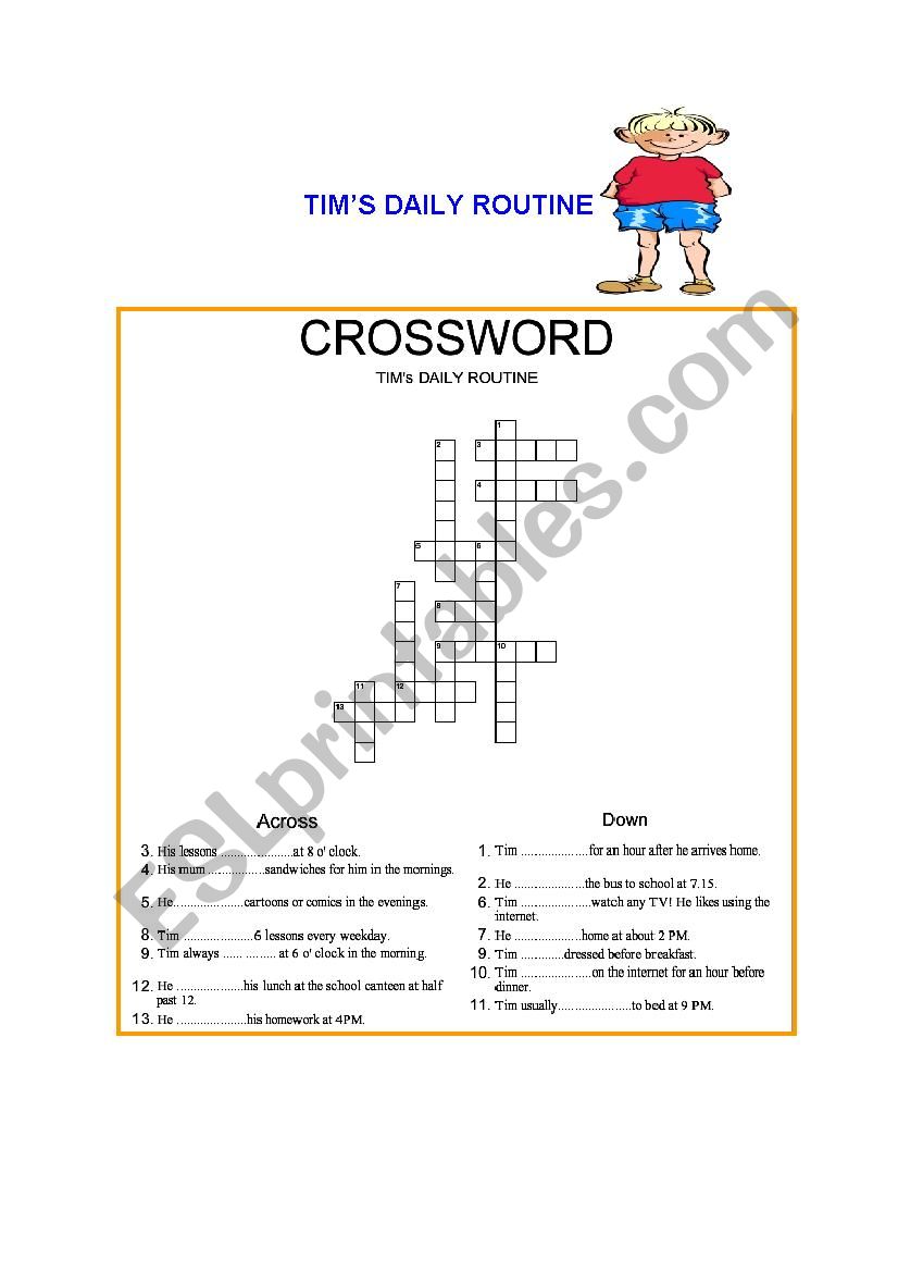 Tims Daily Routine Crossword Puzzle Esl Worksheet By Coldseed
