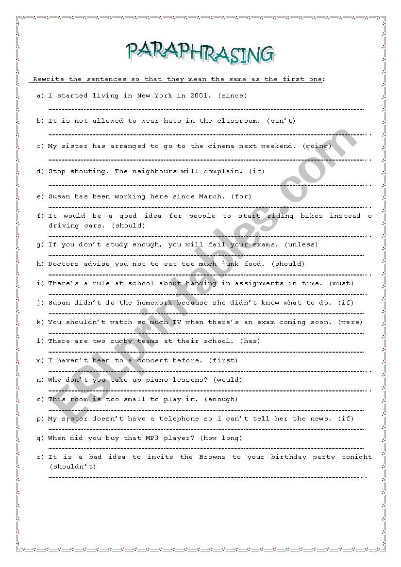 worksheet paraphrasing exercises with answers