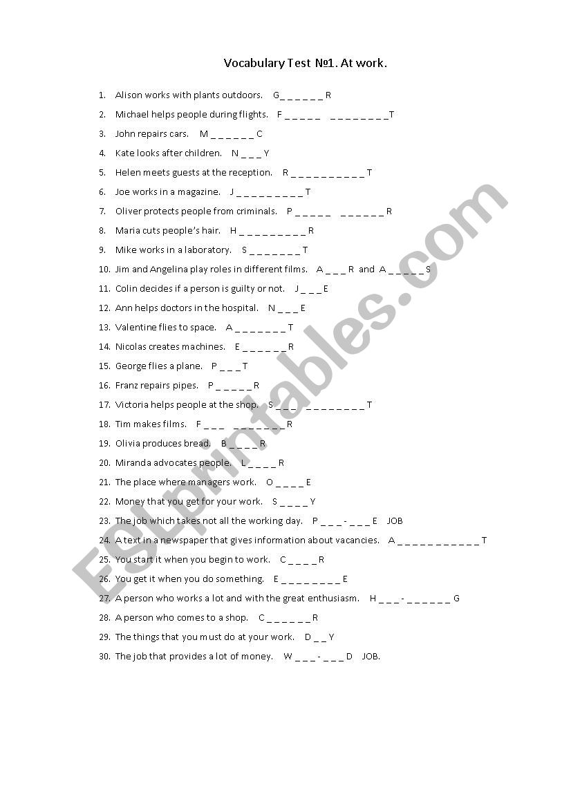 Jobs Vocabulary test worksheet