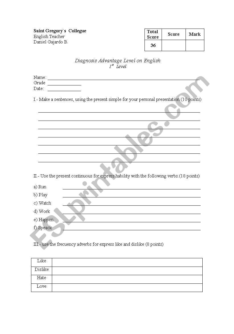 worksheet or test for first level 