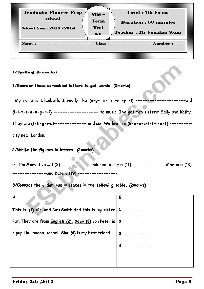 mid- term test N1 FOR 7th form 2013/2014