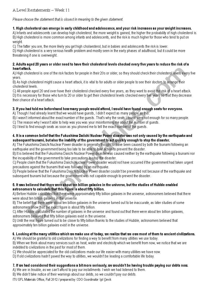 Restatement - ESL worksheet by torrenter911