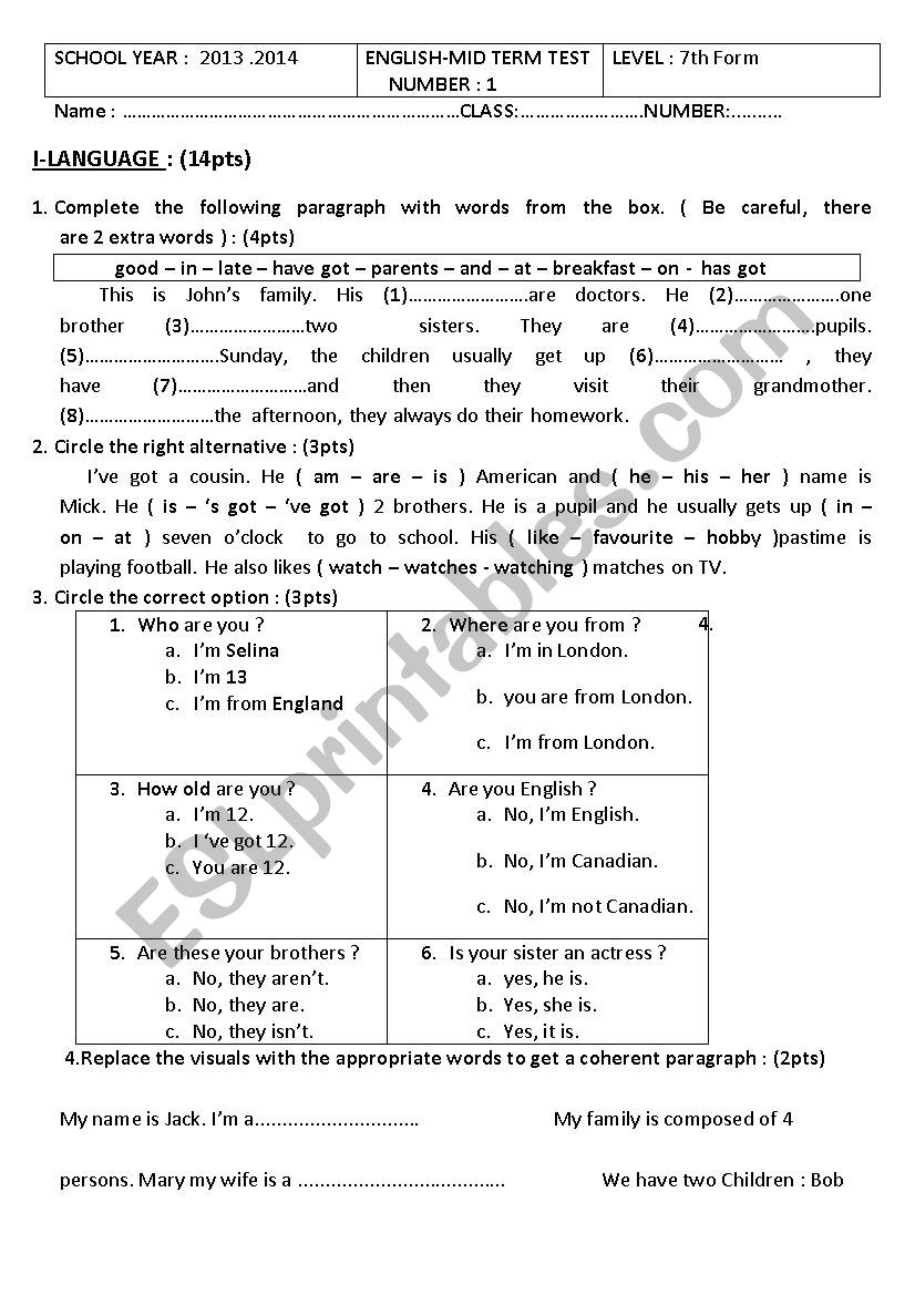 7th Mid term test 1 worksheet