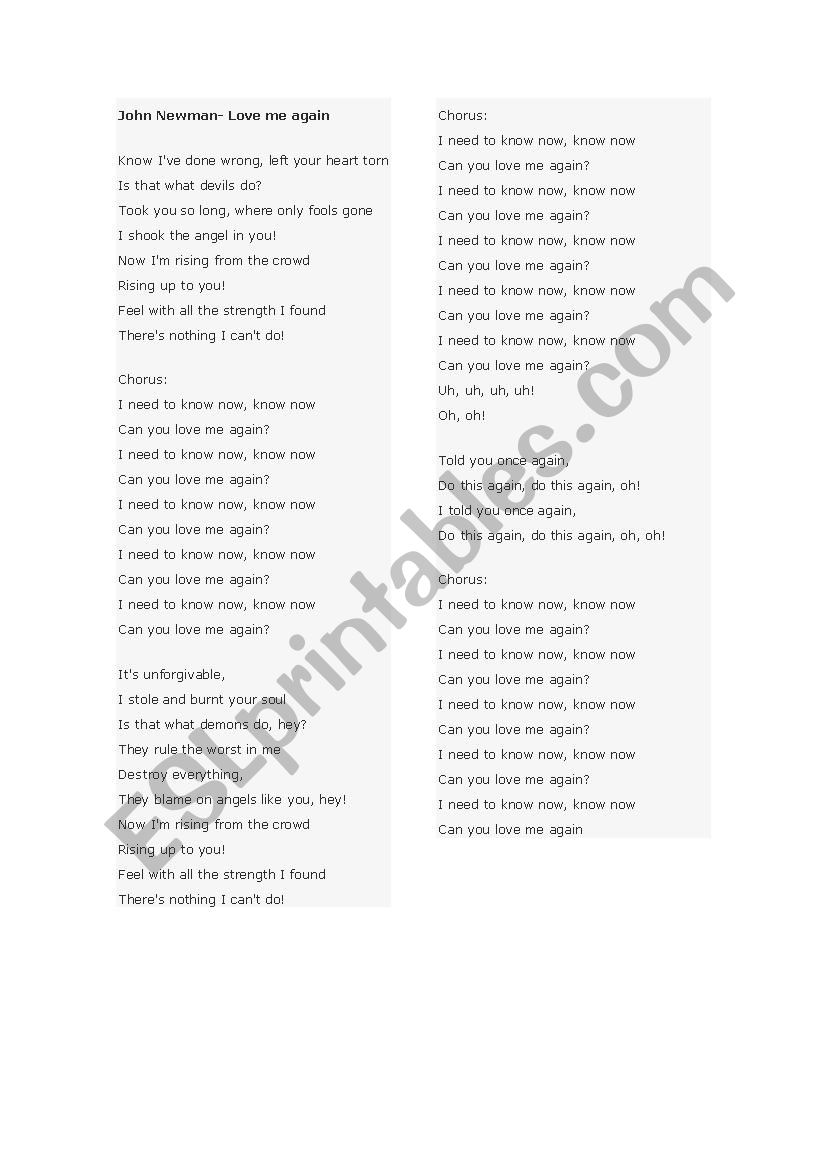 John Newman - Love me again worksheet