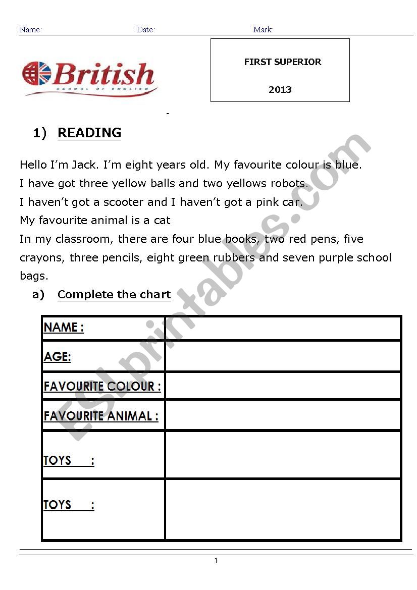 Example of a test for kids worksheet