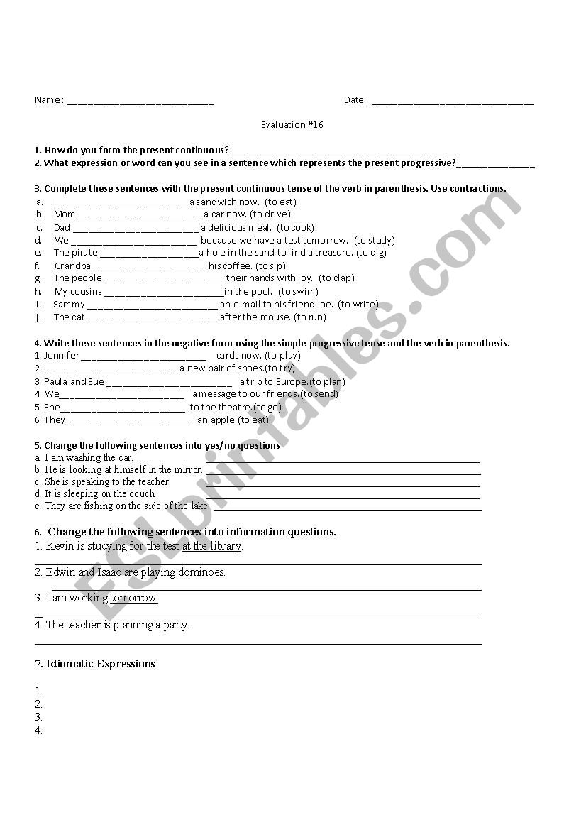 present continuous worksheet worksheet