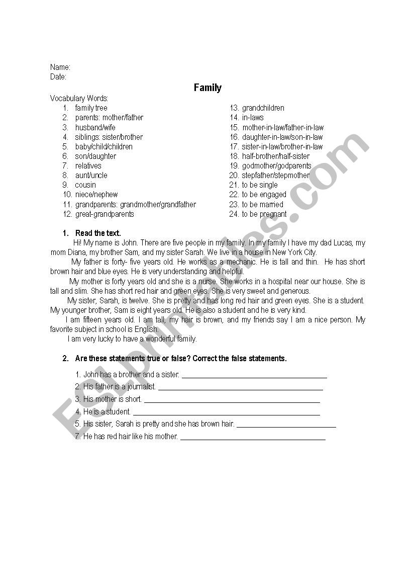 Family ESL worksheet worksheet