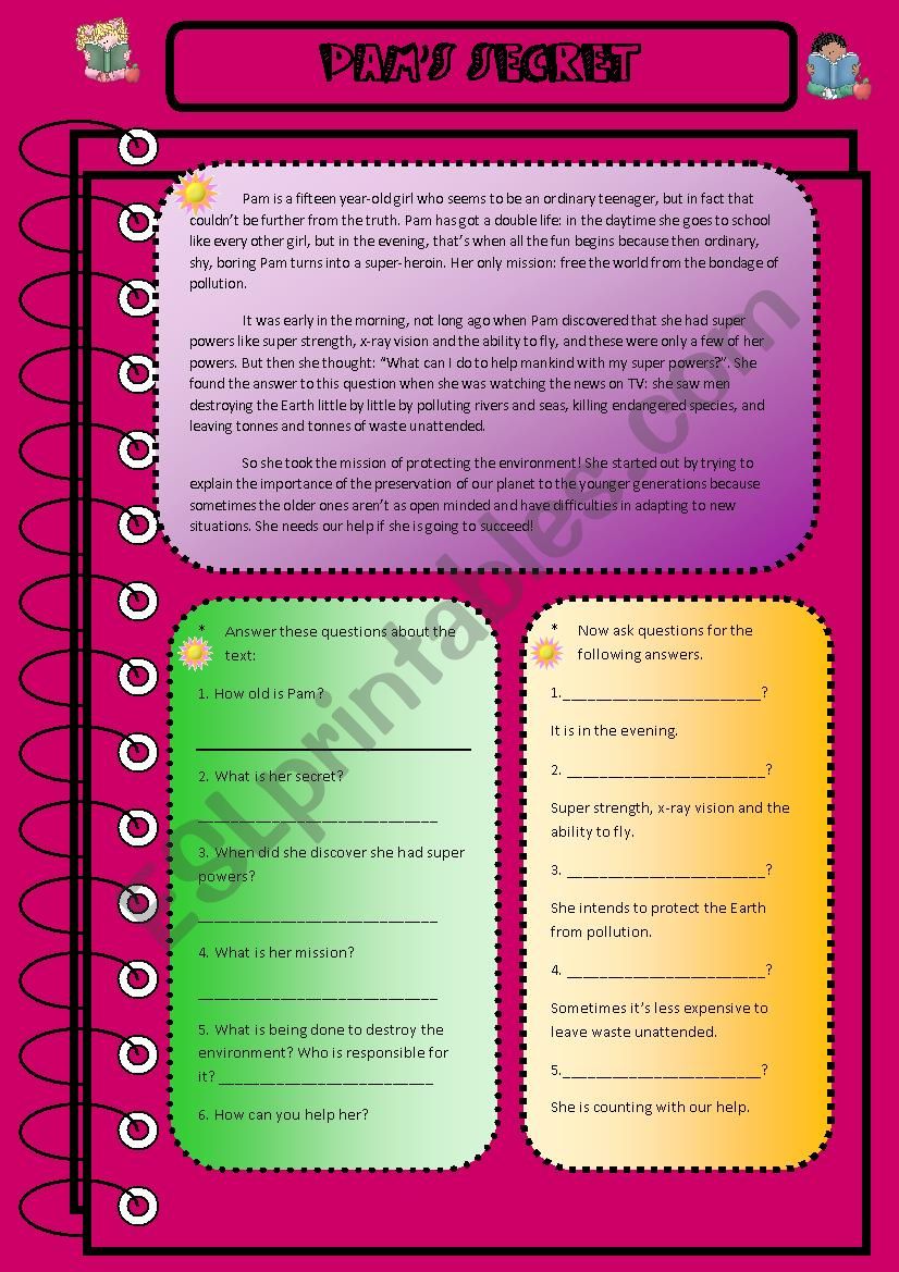 Pam´s Secret - ESL worksheet by sarasantos