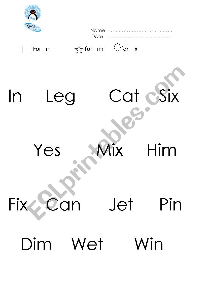 Family word -im, -in and -ix worksheet