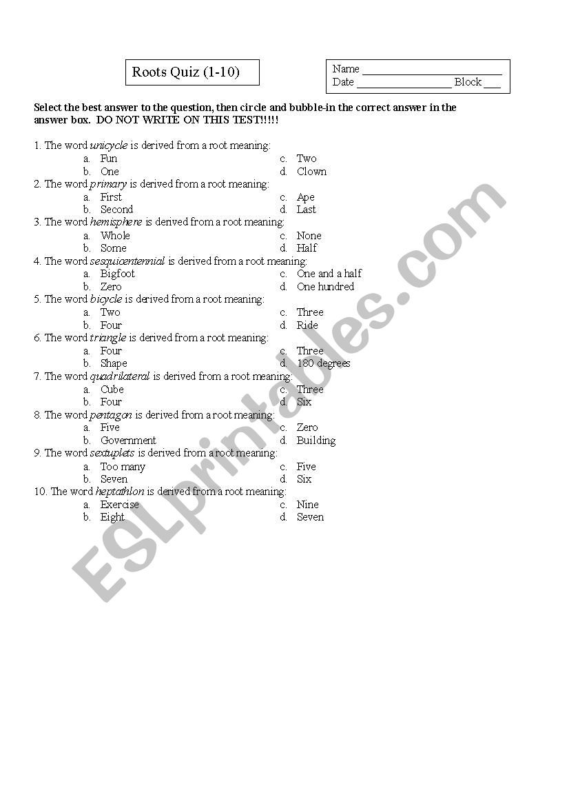 Roots 1-10 worksheet