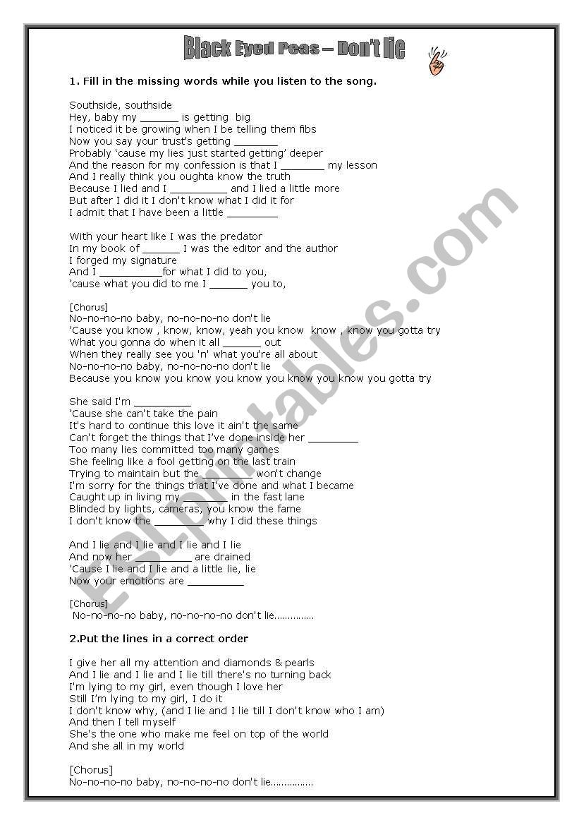 don´t lie - black eyed peas - ESL worksheet by binka