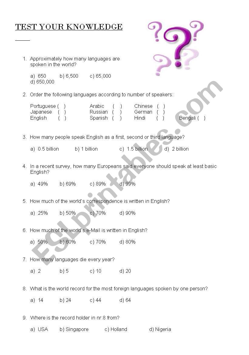 ENGLISH KNOWLEDGE QUIZ worksheet