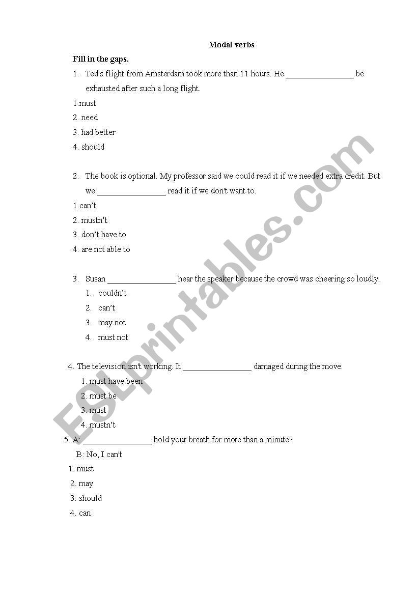 Modal verbs worksheet