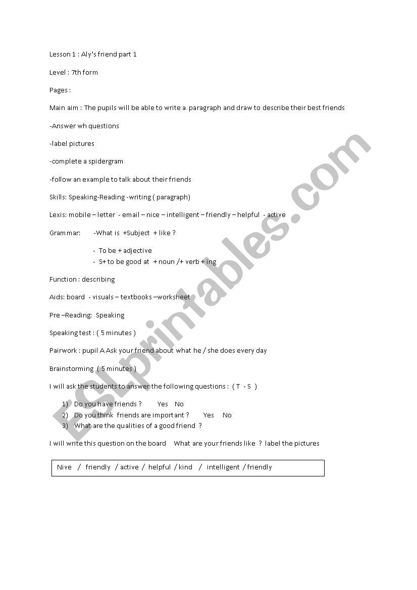 lesson 1 module 2 Aly´s friend - ESL worksheet by amir22