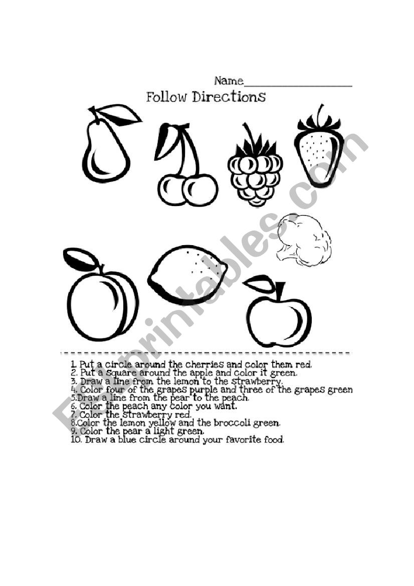 Follow directions with fruits worksheet