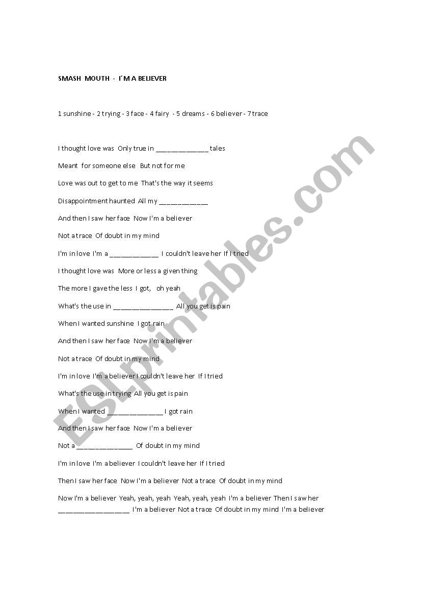 I´M A BELIEVER - SMASH MOUTH - ESL worksheet by jorge mora