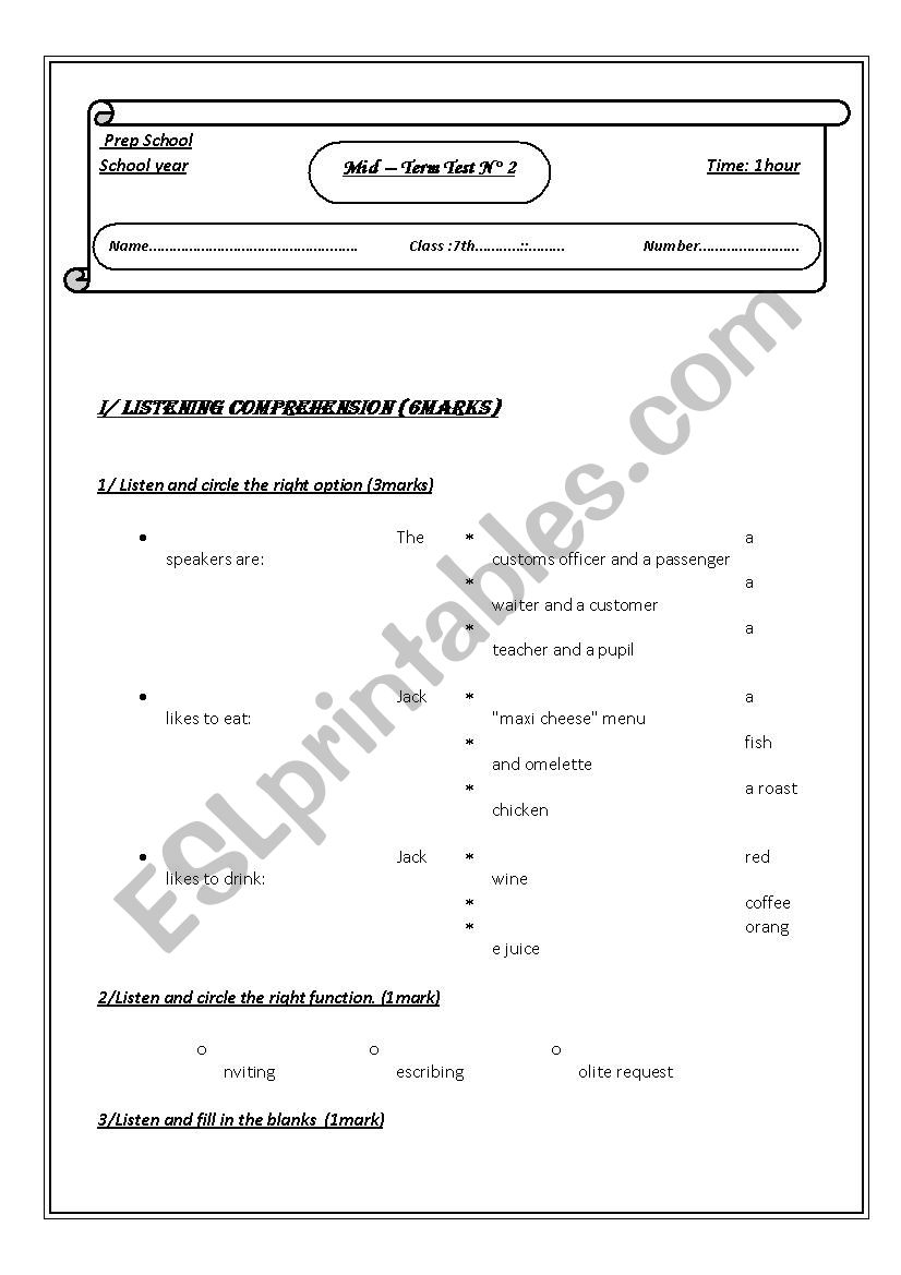 7TH FORM TEST  worksheet