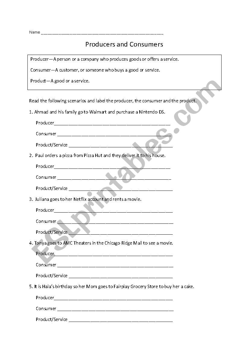 Workers and Consumers worksheet