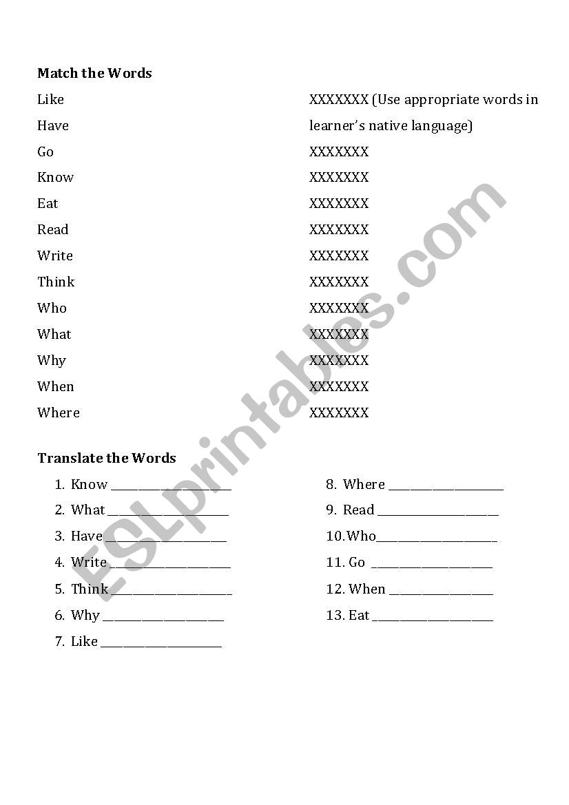 Vocabulary Sheet worksheet