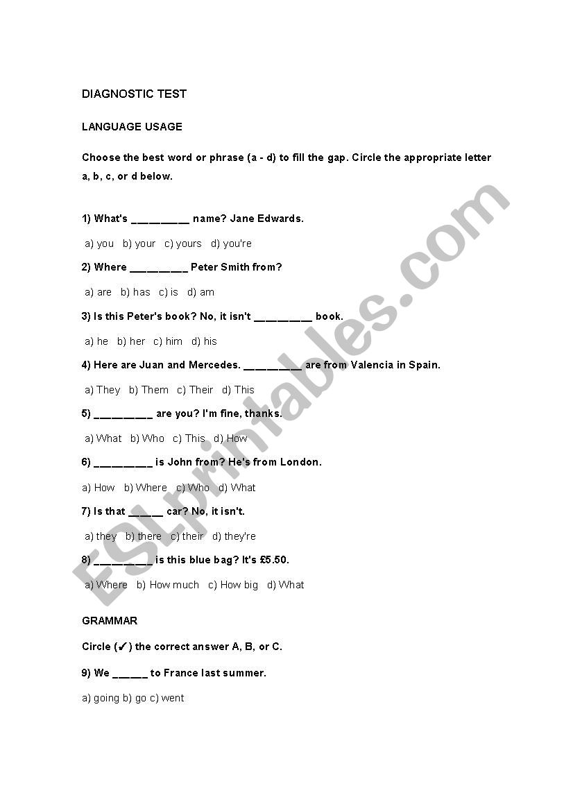 Diagnostic test worksheet