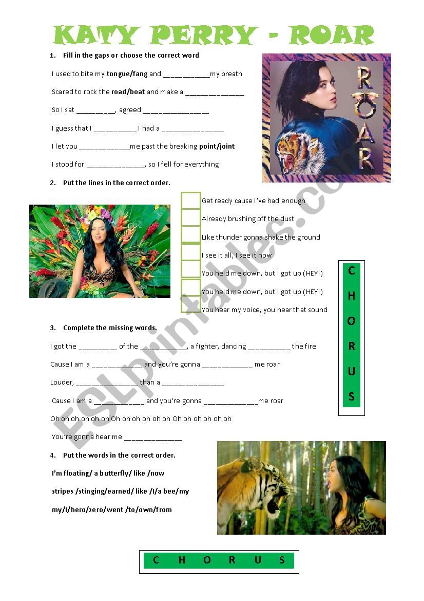 Katy Perry - Roar - Song Based Exerc…: English ESL worksheets pdf & doc
