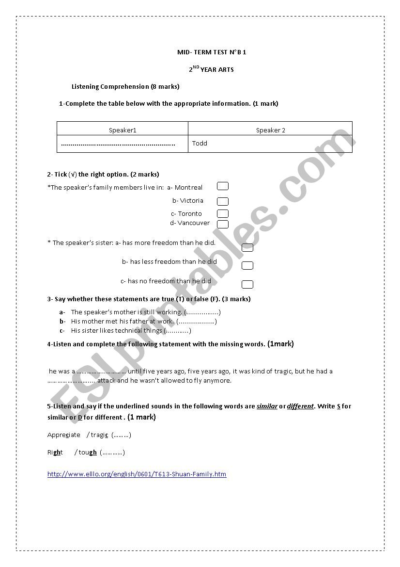 Mid-Term Test N°b1 - ESL Worksheet By Lattoufa