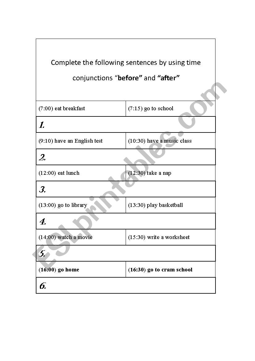  time conjunctions worksheet