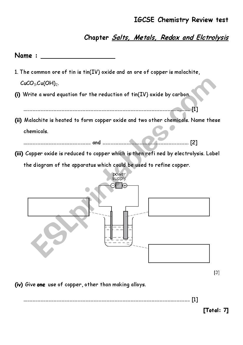 review questions for chapter salt, REDOX and electrolysis