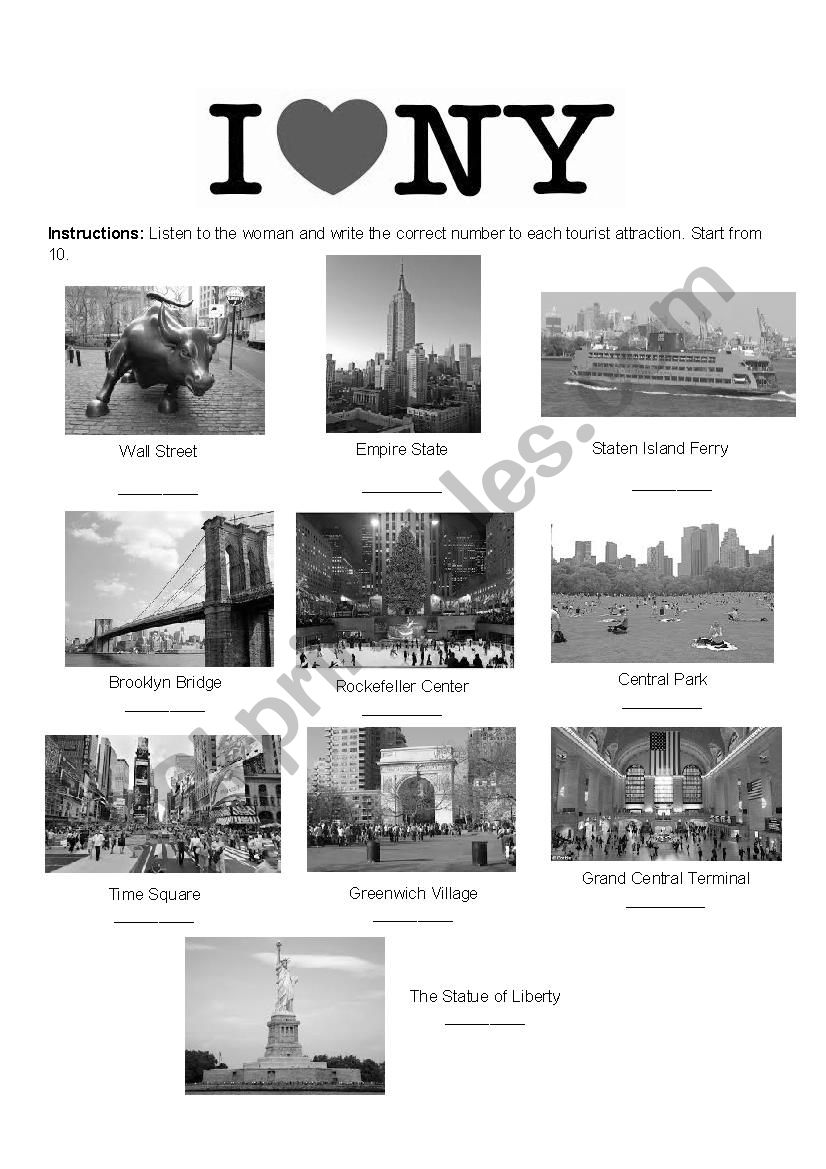 New York Tourist Attractions ESL worksheet by JoelRiveraMora