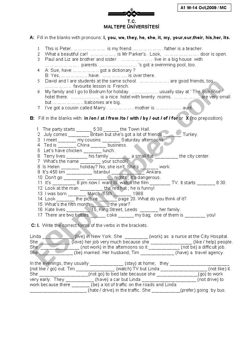 Pronouns, preposition and verb exercise