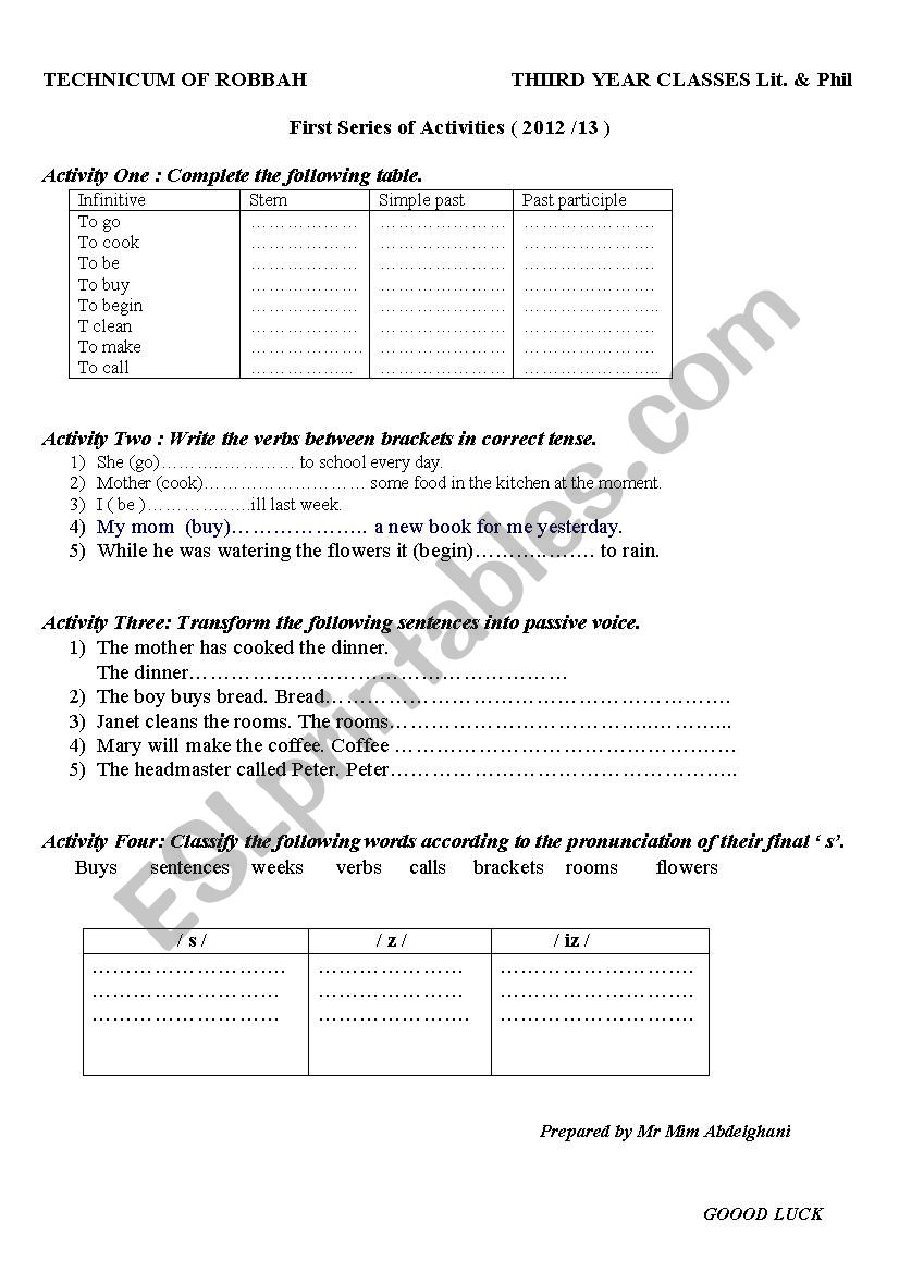 series of activities worksheet