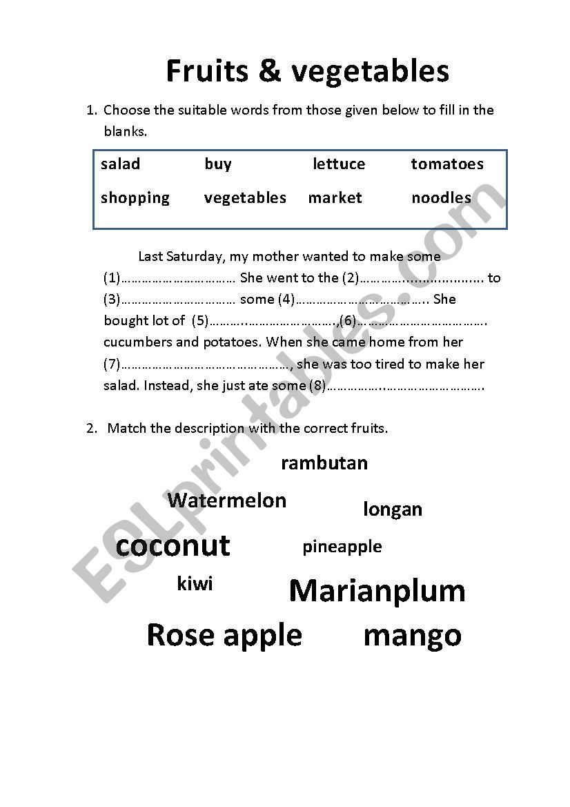 vegetables and fruits worksheet