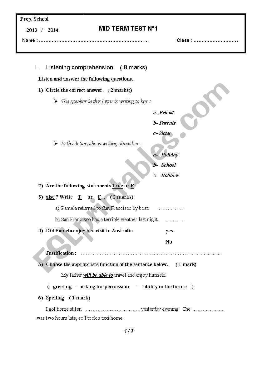 Mid -  TERM TEST N 1    8TH FORM