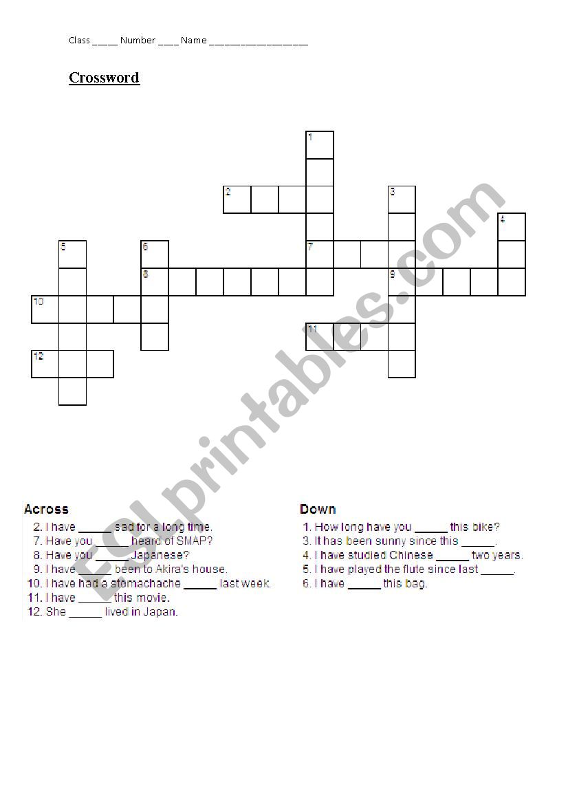 Crossword Review for Third year Japanese JHS students