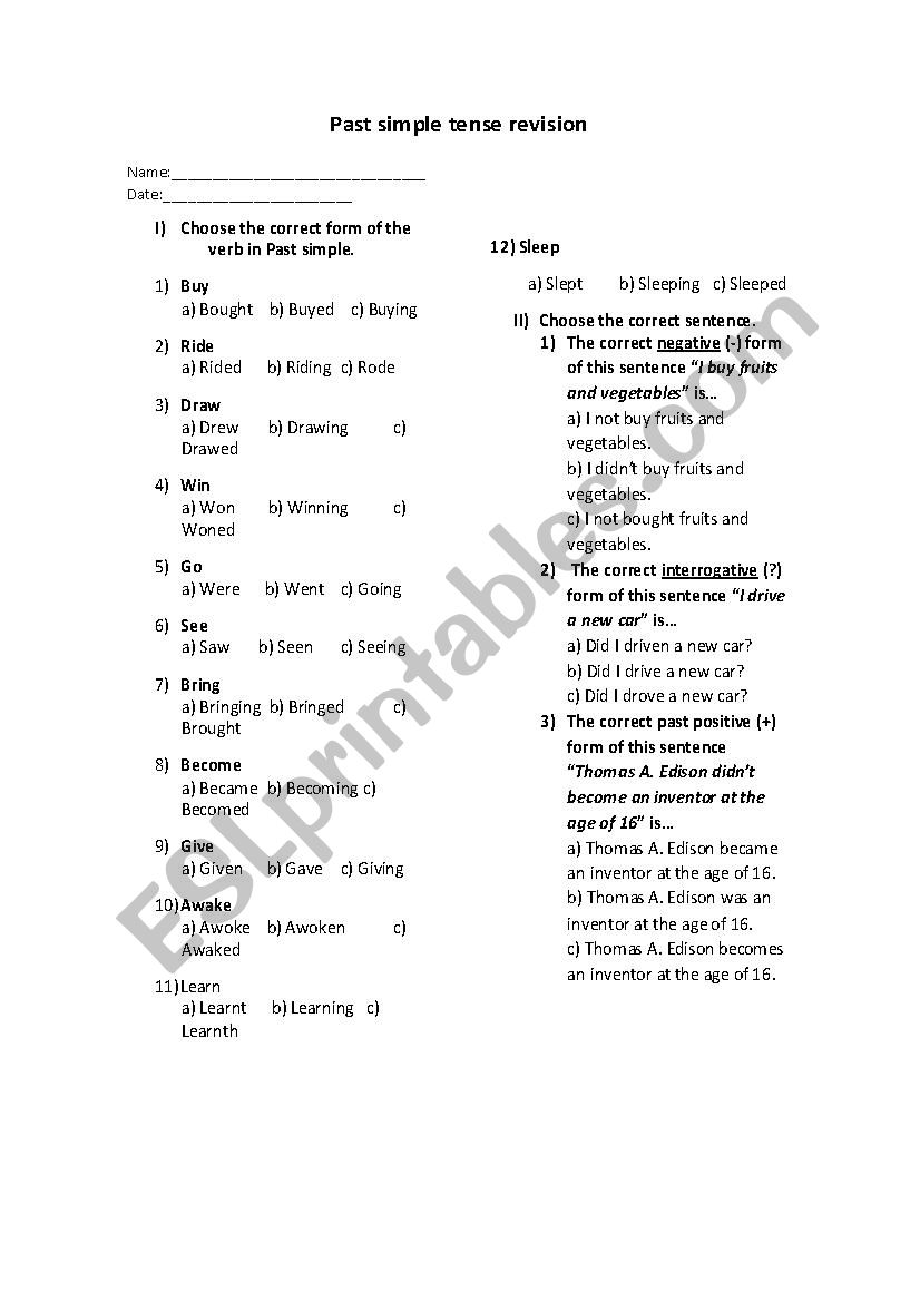 Past simple tense revision worksheet