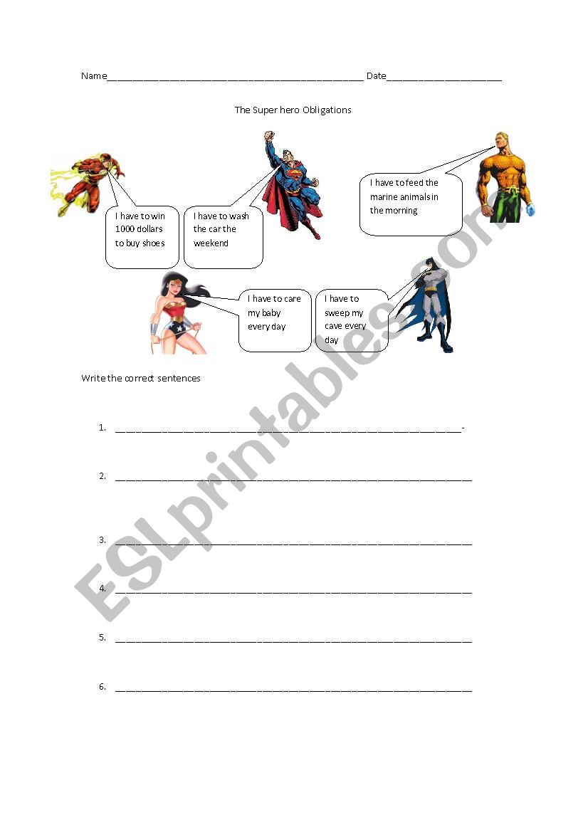 Super hero obligations worksheet