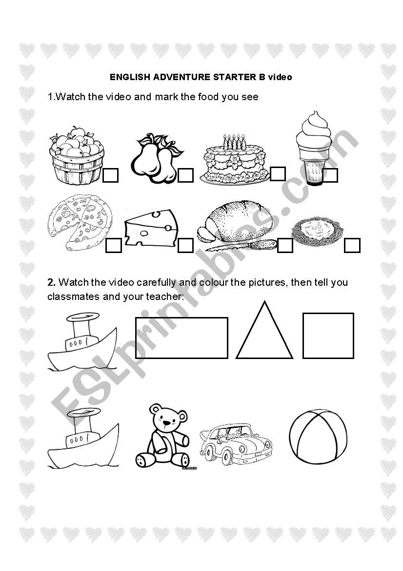 Video worksheet ( toys, shapes and food)