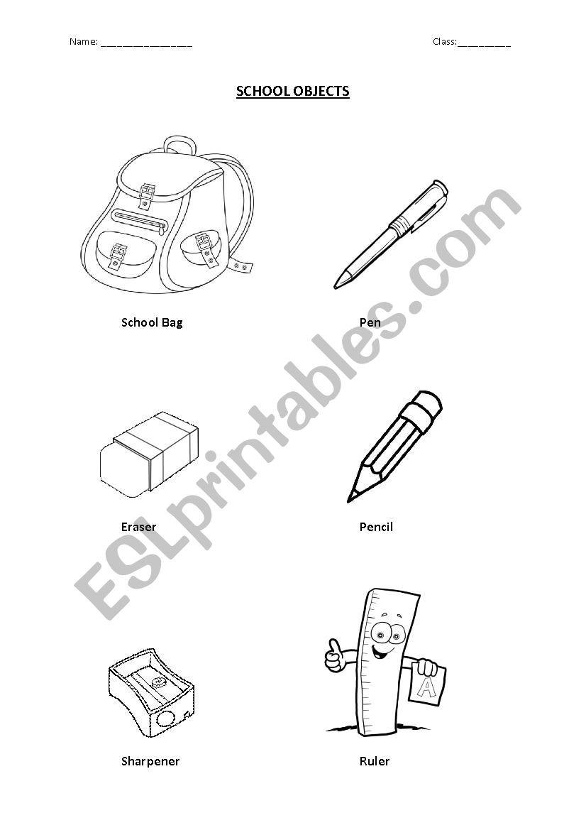 School Objects Colouring Worksheet