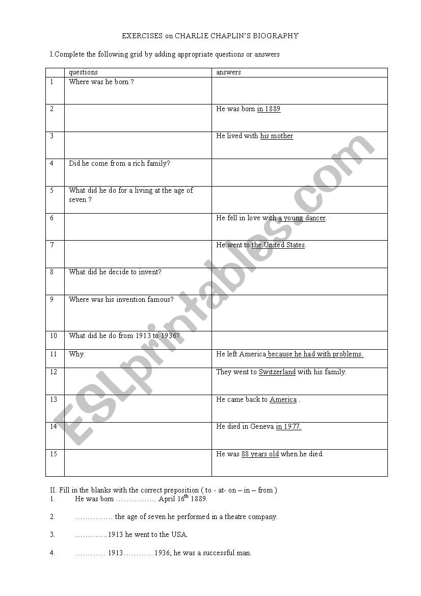 exercises on Charlie chaplin´s biography - ESL worksheet by vettard