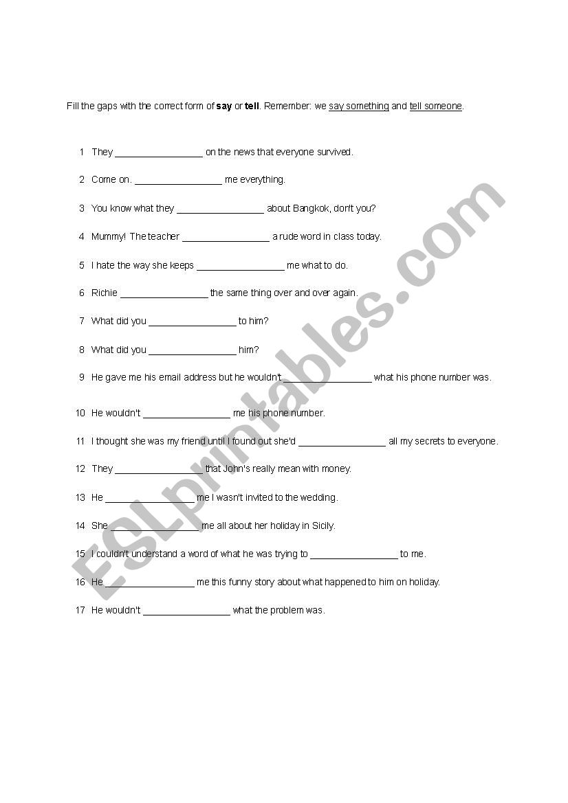 ´say´ Vs ´tell´ Gap-fill - Esl Worksheet By Leksut