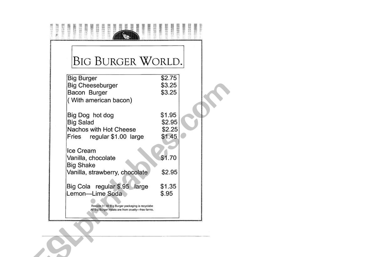 Big burger world worksheet