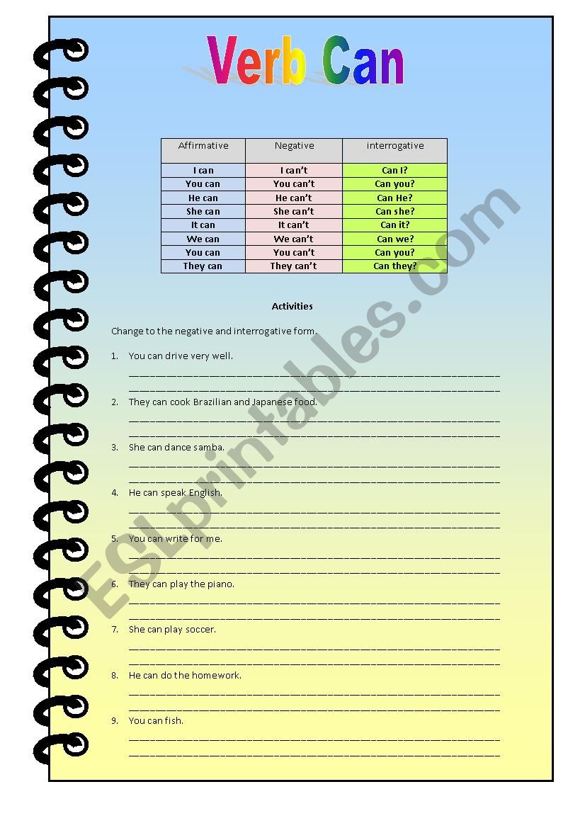 Verb Can worksheet